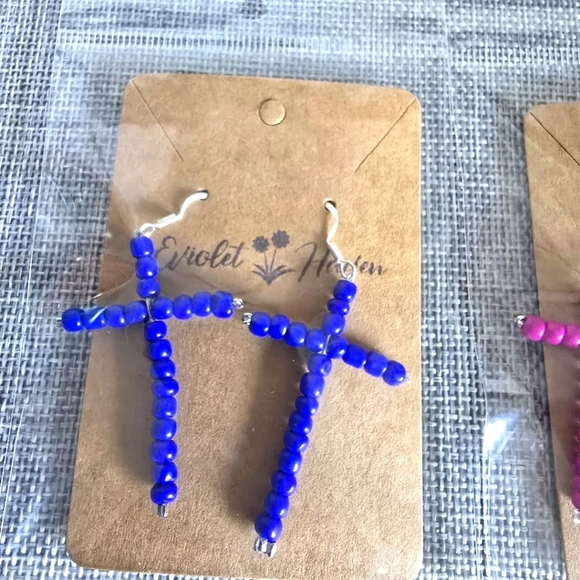 Set of 4 Seed Bead Cross Earrings Bluish Purple, Pink, Lime Green, Orange - Picture 2 of 5